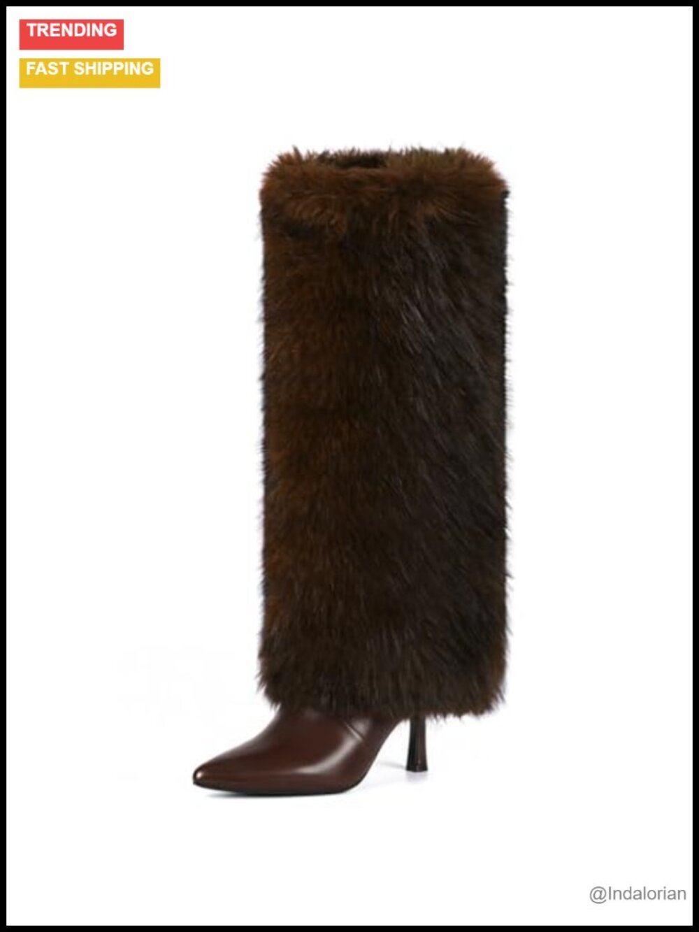 Womens Knee High Faux Fur Kitten Heel Pointed Toe Boots Side Zip